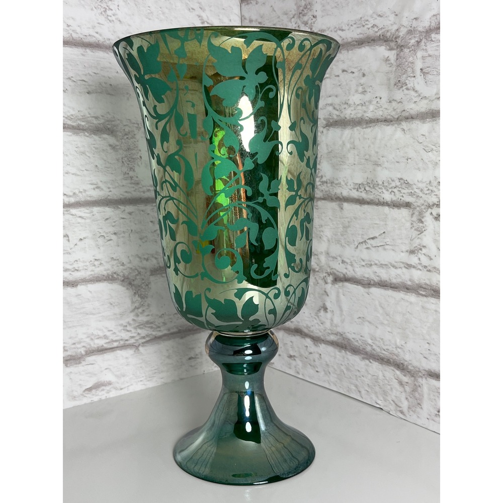 VNTG Emerald Green Iridescent Etched Floral Scroll Hurricane Glass Pedestal Vase